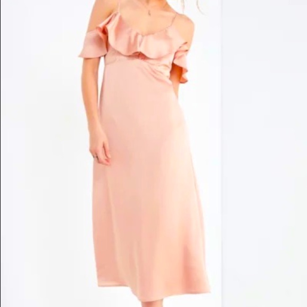 UO Satin Ruffle Cold Shoulder Midi Dress